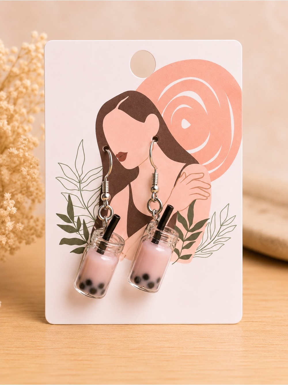 Bubble Tea Dangle Earrings - Pink Boba Drink Charm